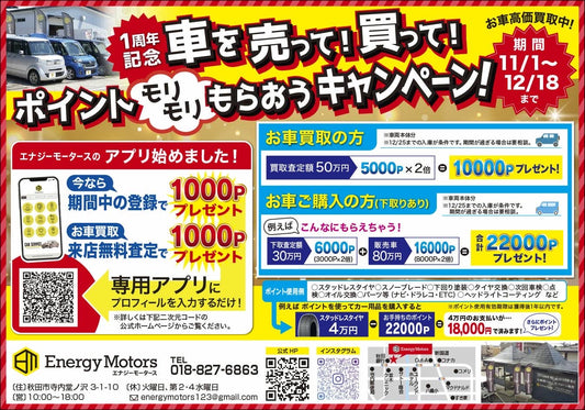 エナジーモータース オープン1周年記念!ポイントモリモリもらおうキャンペーン!